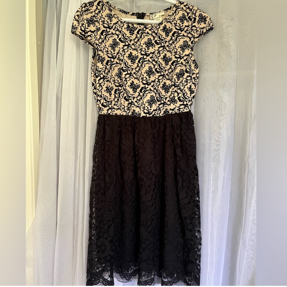 Black and Cream Toile and Lace Midi Dress by Miin